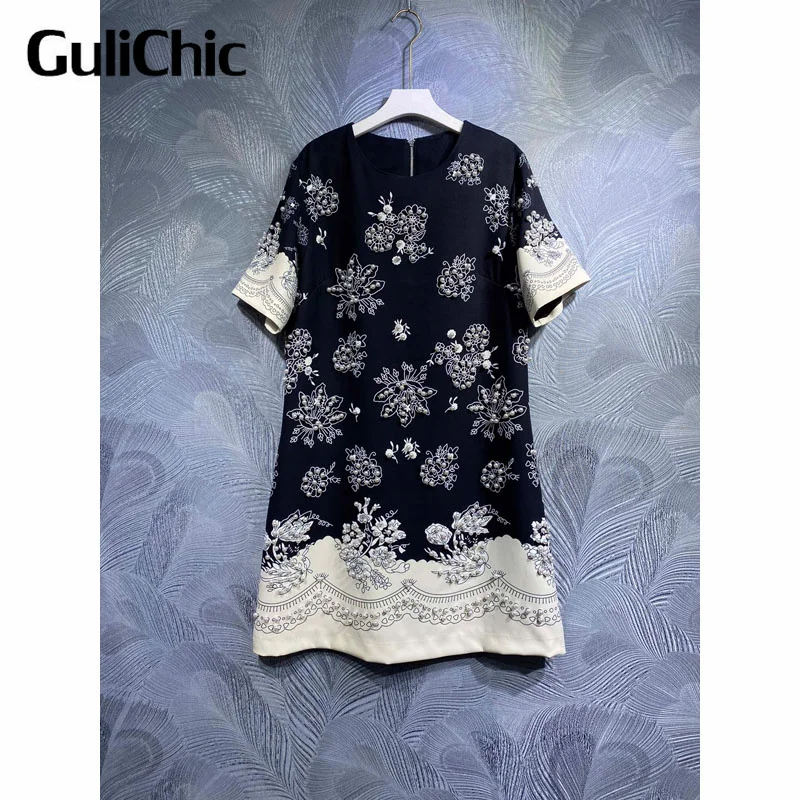 3.30 GuliChic Elagant Fashion Print Pearl Beading Decorate Contrast Color Patchwork Loose Short Sleeve Dress Women
