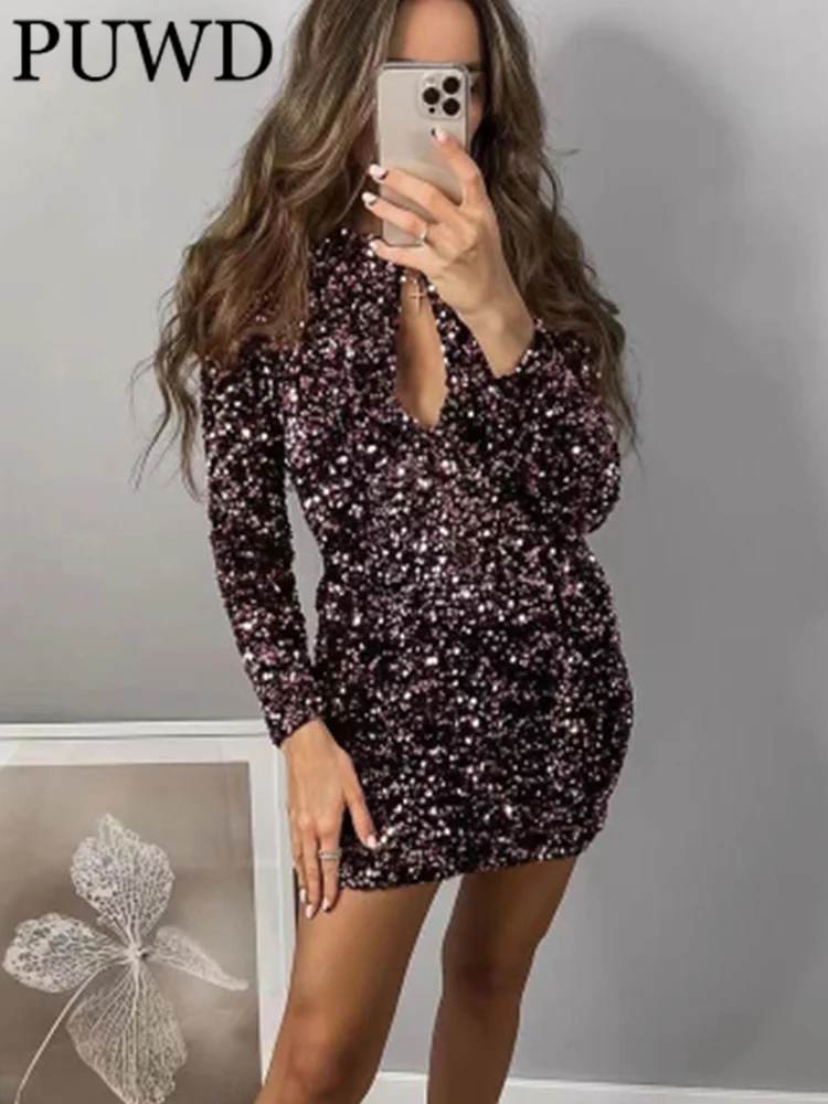

PUWD Casual Women Pink Hollow Out Backless Mini Dress 2022 Fall Fashion Ladies Vintage Long Sleeves Female Dress Chic