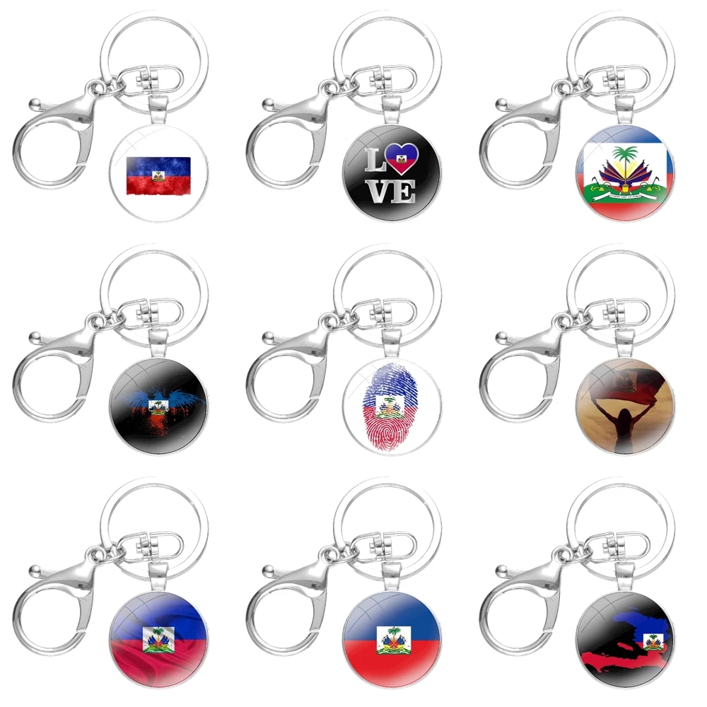 

Fashion Creative Cartoon Design Vintage Haiti Haitian Flag Keychain Handmade Glass Cabochon Key Ring Holder Pendant Key Chains