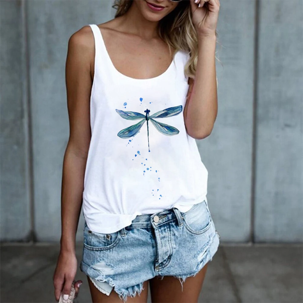 

Seeyoushy Blue Dragonfly Print Women Tank Top Summer O-neck Sleeveless Casual T-shirt Harajuku Tank Tops Shirt Female Streetwear