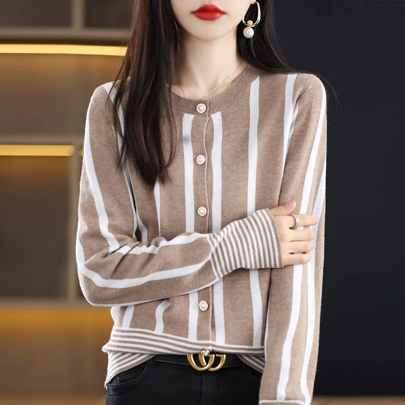 

New Autumn And Winter Pure Wool Sweater Women's Crewneck Vertical Stripe Cardigan Long Sleeve Loose Fashion Knit Bottoming Shirt