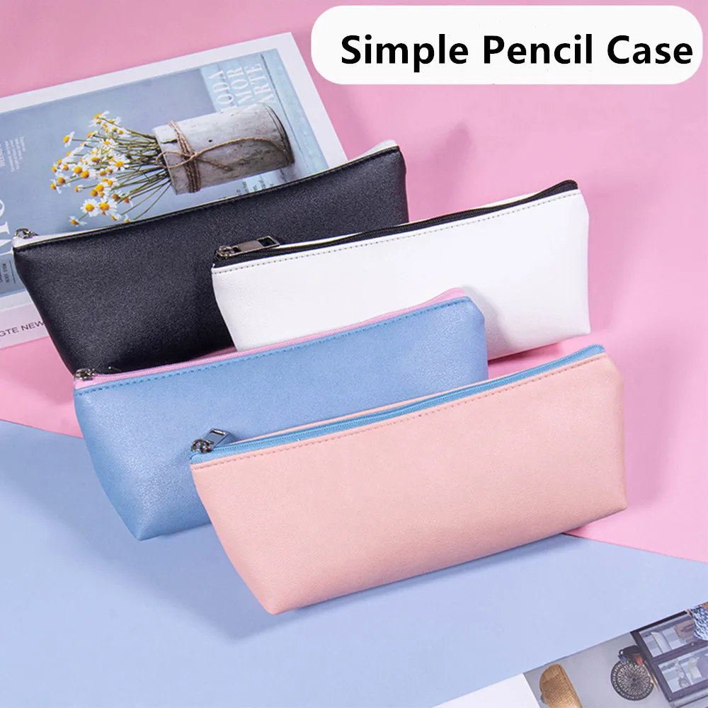

Large Capacity PU Leather Pencil Bag Simple Vintage Color Pencil Case Storage Zipper Pouch for Pens Stationery School Supplies