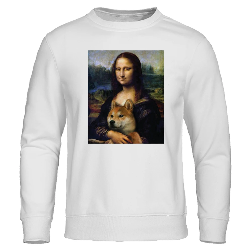 

Mona Lisa Holding A Shiba Inu Mens Clothes Casual Loose Hoodies Autumn Vintage Sweatshirt Crewneck Fleece Hoodie Fleece Pullover