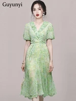 elegant fashion party dress 2022 summer high waist tether simple ruffled v neck lantern sleeve green print floral dress women