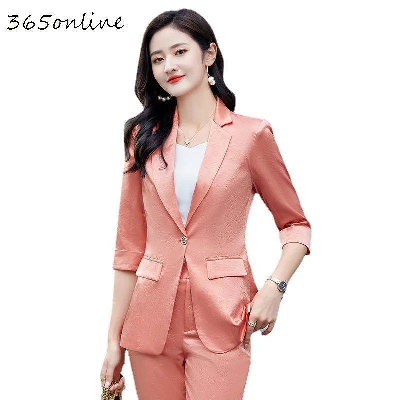 Pink Women Business Suits with 2 Pieces Set Pencil Pants and Blazer Spring Summer Ladies Office Work Wear Pantsuits Trousers Set