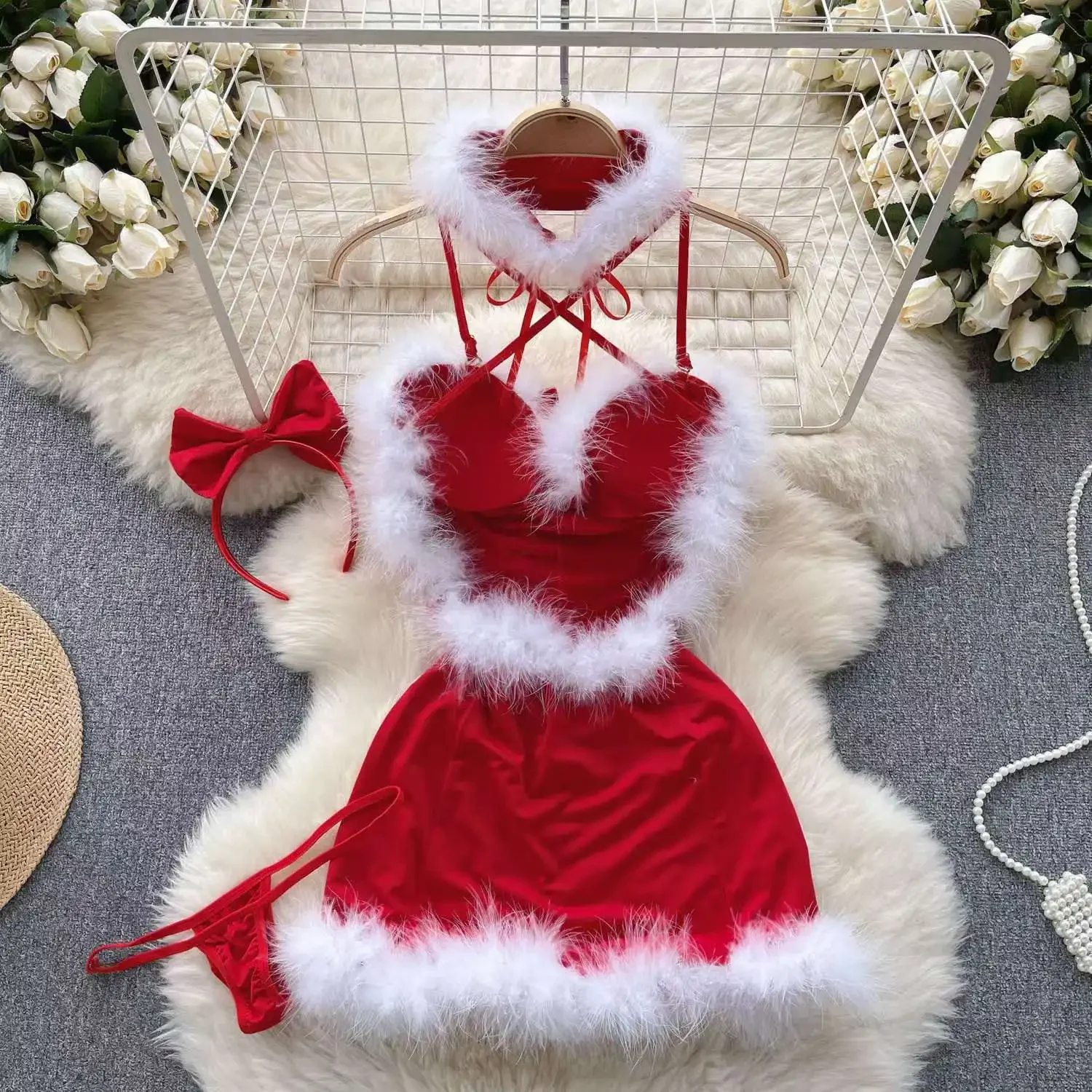 Winter Patchwork Christmas Hotsweet Women's Short Dress Sexy Bodycone Plush Red Cross Strap Halter Neck Erotic Mini