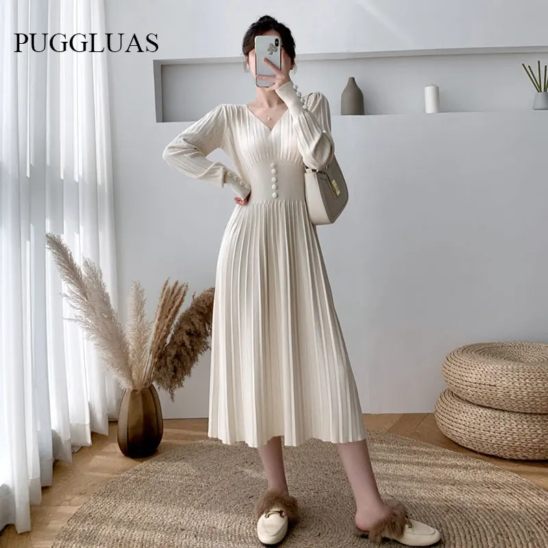 2022 Winter Dress Women V Neck Long Sleeve Pleated Long Knitting Dresses Elegant Fashion Lady Solid Color Autumn Sweater Gowns