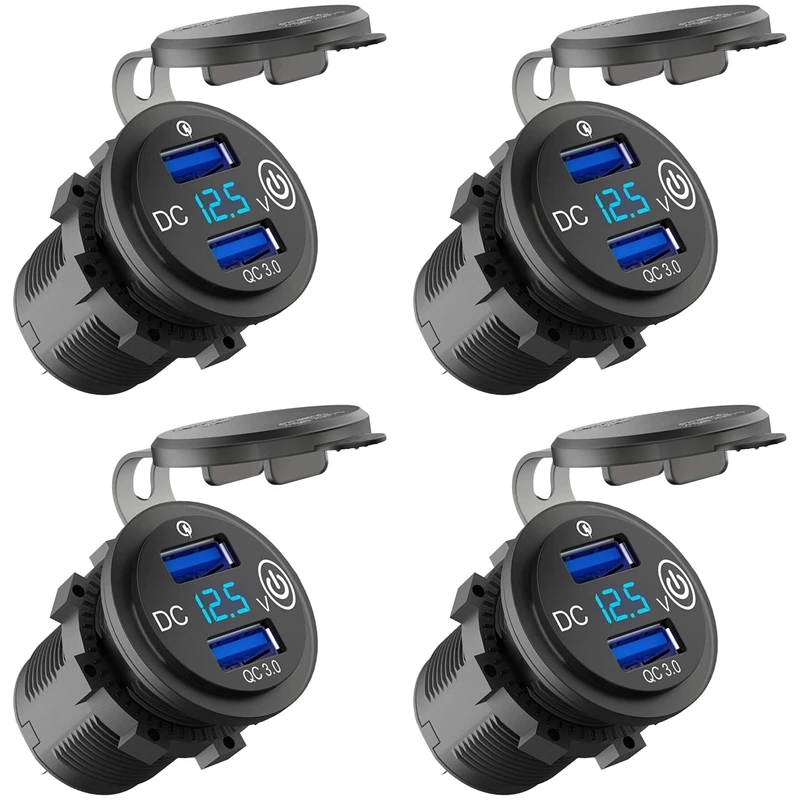

4X 12V USB Outlet, Quick Charge 3.0 Dual USB Car Charger With Contact Switch And Voltmeter For 12V/24V Motorcycle