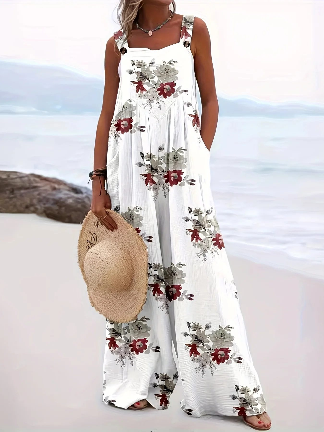 Женский Летний комбинезон на бретельках с квадратным вырезом и цветочным