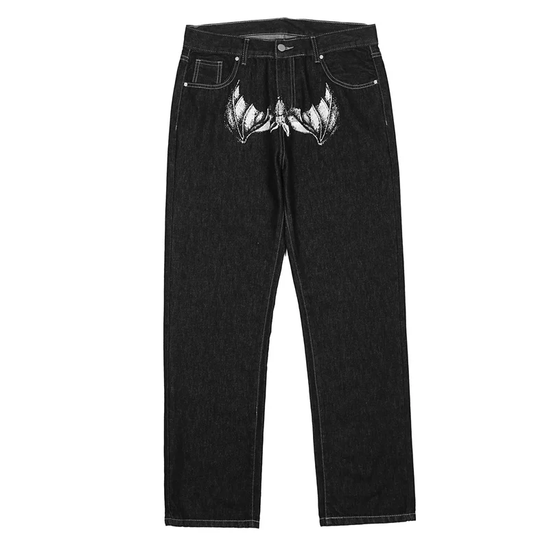 2022 Gothic Jeans Men Hip Hop Streetwear Bat Mask Printed Punk Denim Pants Fashion Casual Baggy Pants Straight Trousers Black