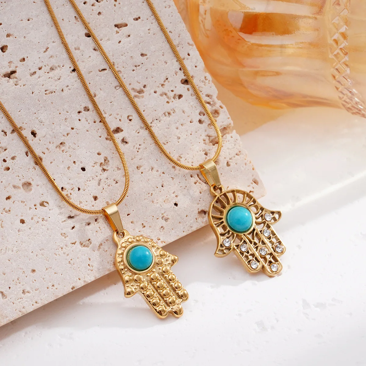 Нержавеющая сталь золотого цвета бирюзовый Хамса ручной кулон ожерелья для