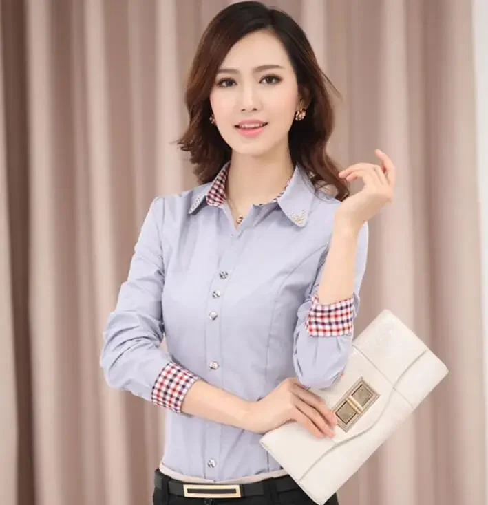 Женская Офисная рубашка в клетку с длинным рукавом и отложным воротником