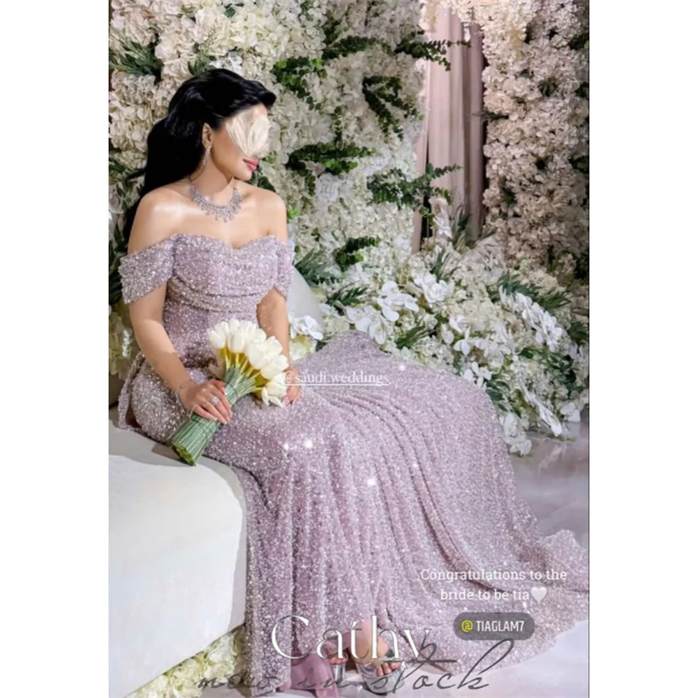 

Cathy Luxury Purple Glitter Sequins Mermaid Wedding Dress Elegant Sleeveless فستان حفلات الزفاف Off Shoulder Prom Dress