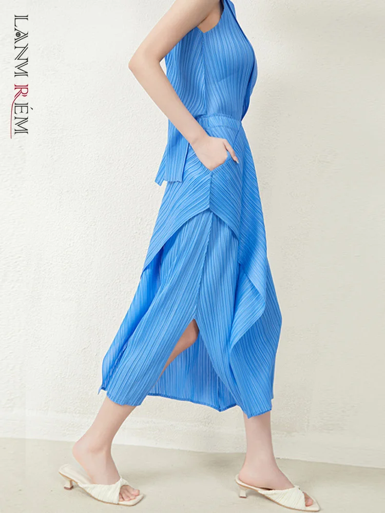 

LANMREM дизайнерский плиссированный комплект из 2 предметов для женщин, круглый вырез, без рукавов, высокая талия, юбки с разрезом, модная одежда, новинка 2023, 2YA2248