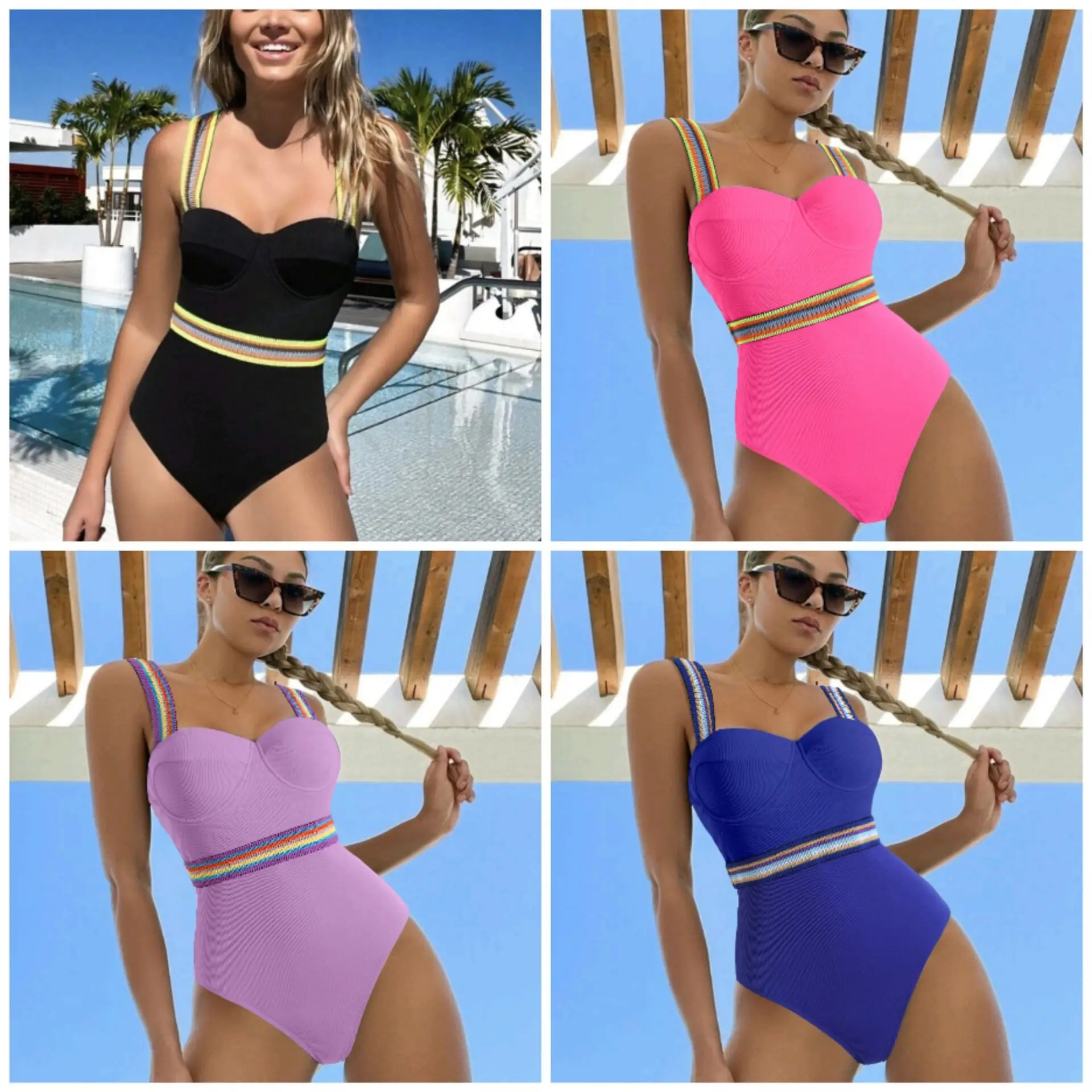 

Ribbon Belt Swimwear Solid Black One Piece Swimsuit Women Bikini Push Up 2023 Monokini High Leg Bathing Suit Ladies