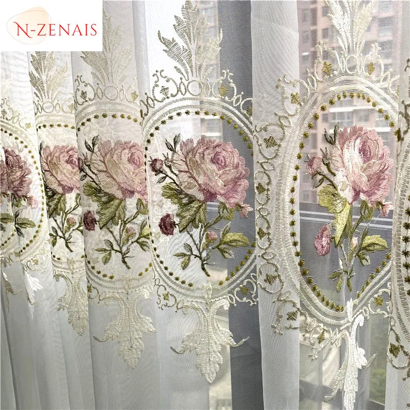 

European Luxury Peony Tulle Sheer Curtain For Living Room Elegant Flower Embroidery Voile Drapes For Bedroom