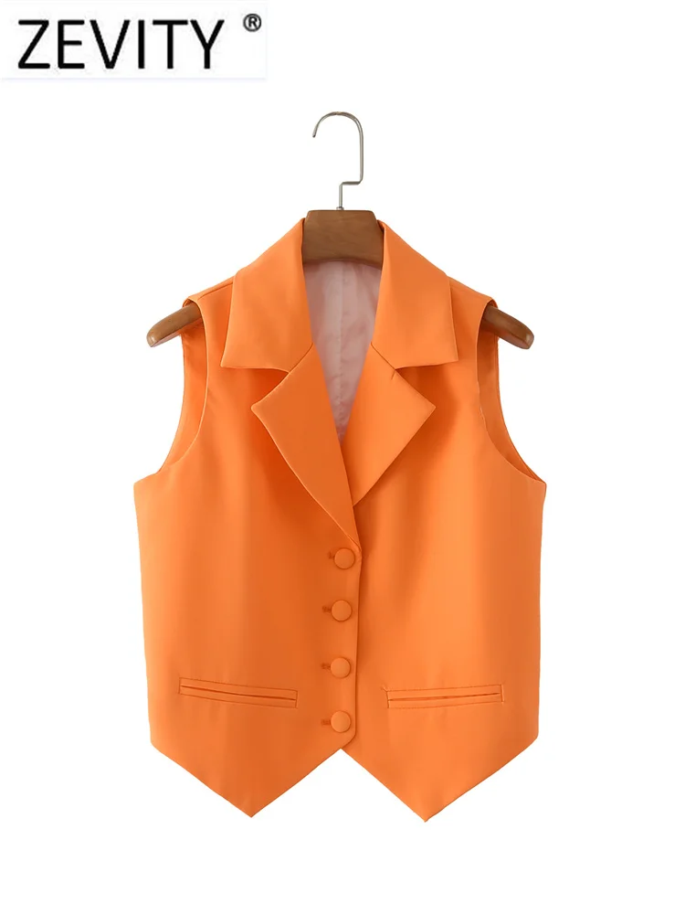 

Zevity Women Fashion Notched Collar Single Breasted Orange Color Slim Vest Jacket Office Ladies Sleeveless WaistCoat Tops CT1221
