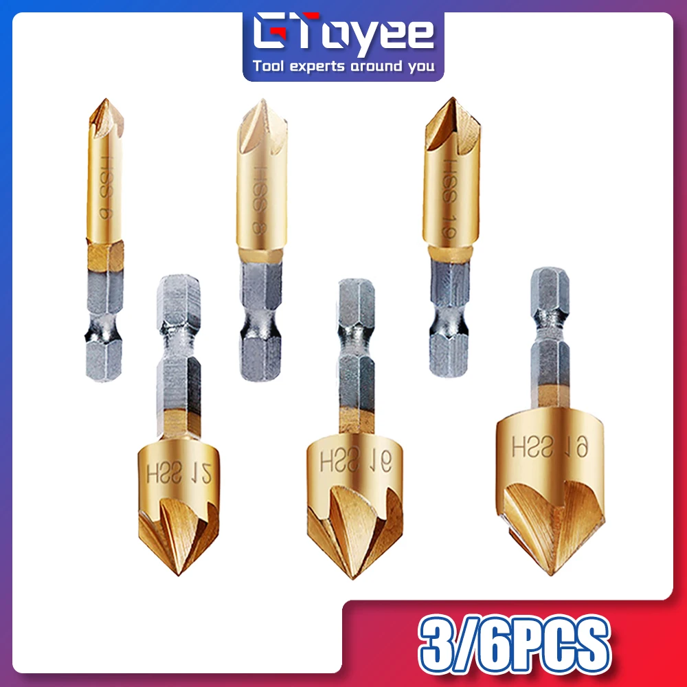 

3/6pcs Countersink Drill Bit Set 1/4'' Hex Shank HSS 5 Flute Countersink 90 Degree Wood Chamfering Cutter Chamfer 6mm-19mm