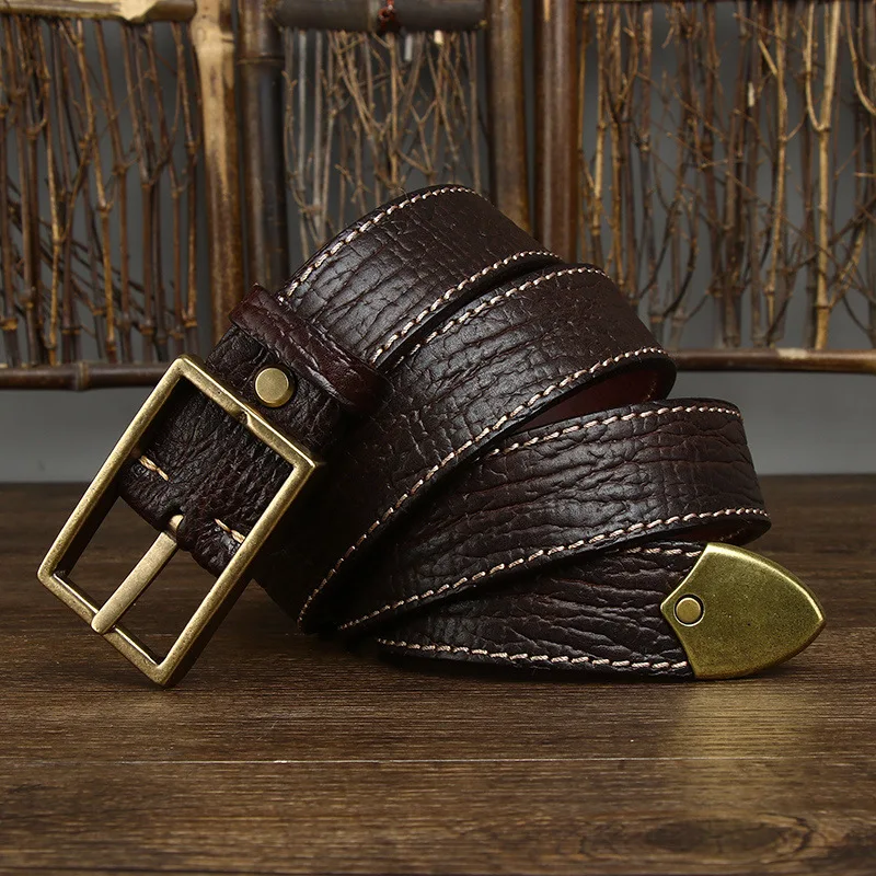 3.8CM Pure Cowhide High Quality Genuine Leather Belts for Men Strap Male Brass Buckle Jeans Cowboy Cintos Thickened Both Sides
