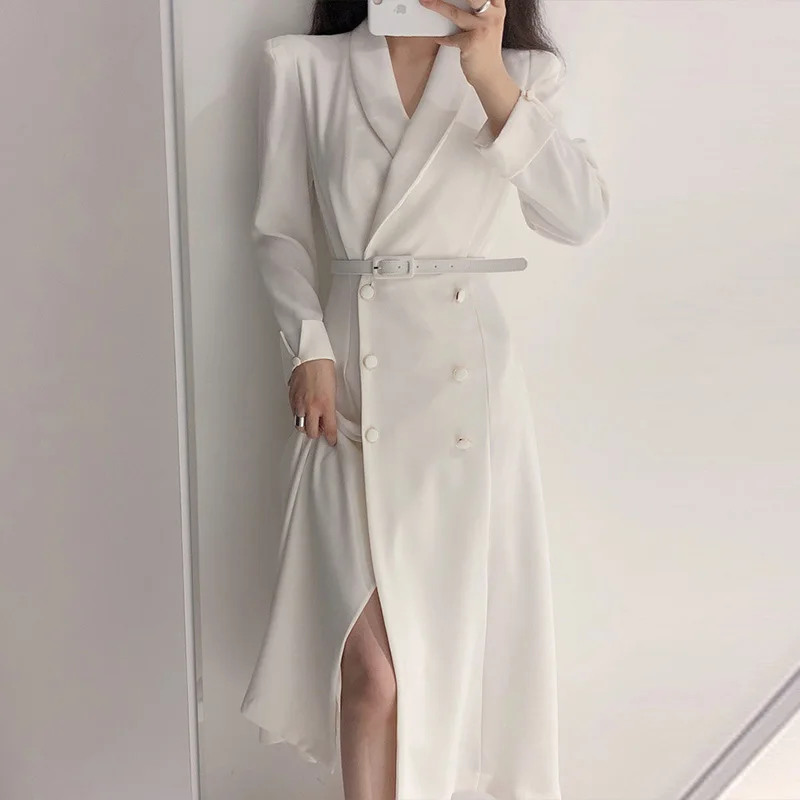 

Women Notched Long Maxi Blazer Dress Double Breasted White Elegant Belt Office Lady Casual Korean Spring Summer Femme Coat