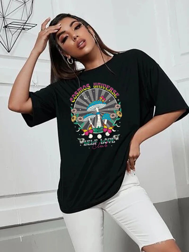 

Self Love Club Mushroom 70s Vintage Women T Shirt Aesthetic Casual Grunge Graphic Tee Summer Fashion Hippie Streetwear Tops