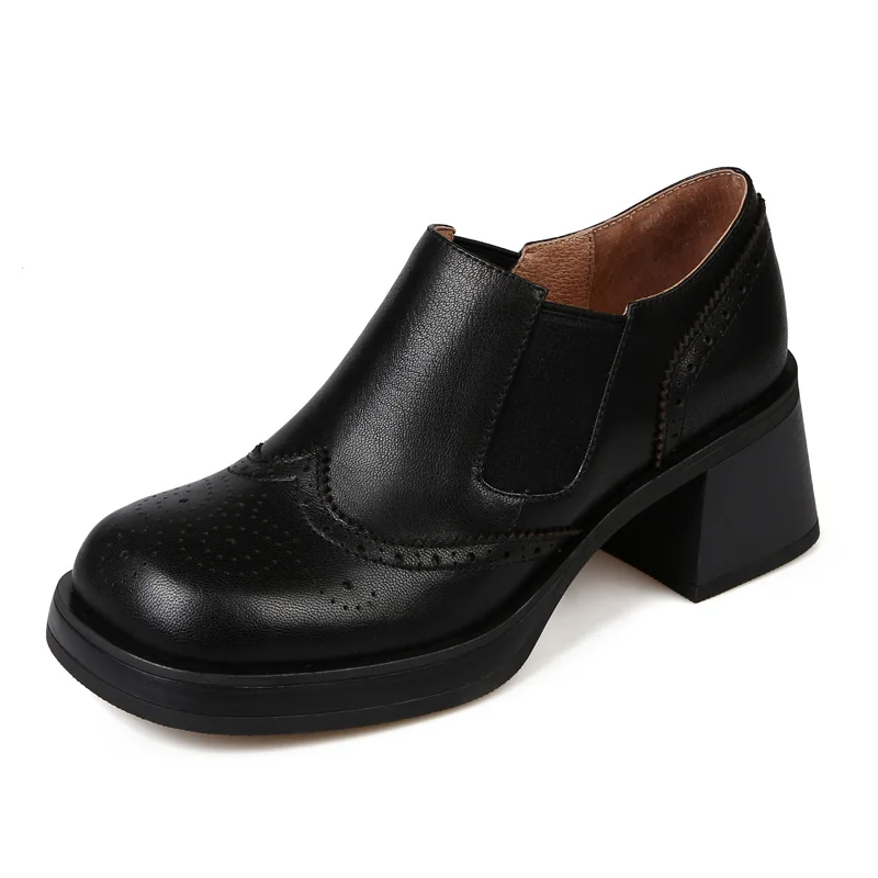 

Women Retro 6cm High Heels Genuine Leather SmallHut New 2023 Spring Black Brown Square Heeled Shoe Elegant Lady Round Toe Pumps