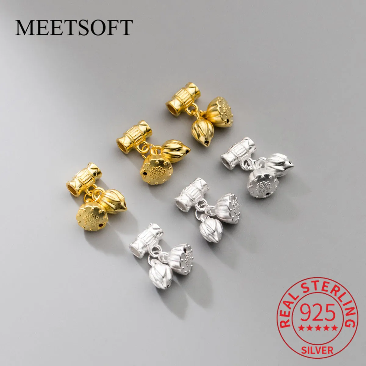 

MEETSOFT S925 Sterling Silver Twin Lotus Bud Pendant Charms Of DIY Handmade Braided Bracelet Necklace Accessory Gift Wholesale