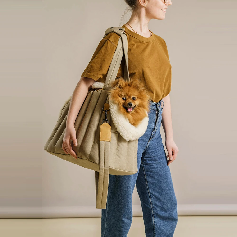 Warm Cotton Pet Bag Removable Plush Cat Bag Breathable Dog Bags Padded Non-slip Shoulder Bags Light Quilted Canvas Purse Handbag