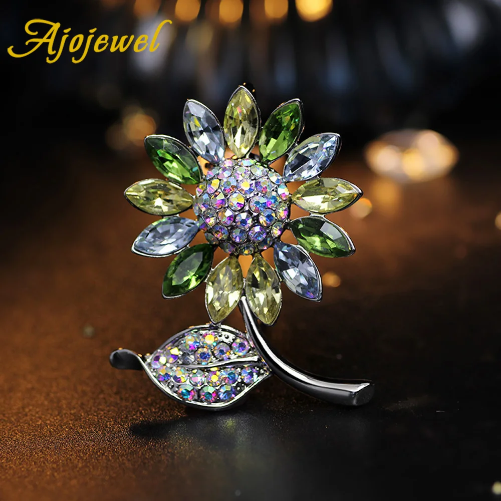 

Ajojewel Shiny Crystal Sunflower Brooch For Women Men Suit Pin Fashion Elegant Rhinestone Leaf Brooches Wholesale Pretty Gifts