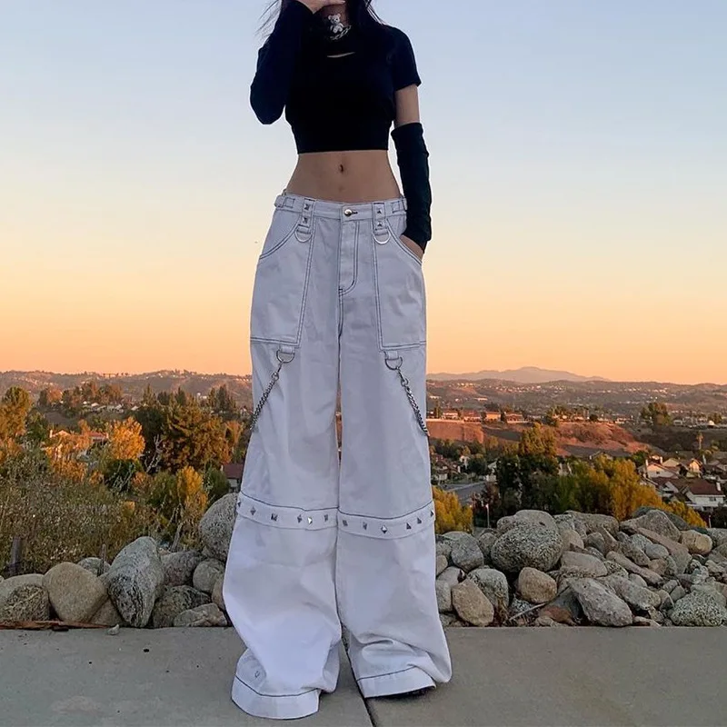Y2k girl Mall Goth White Cargo Pants Women Gothic Harajuku Hippie Streetwear Chain Punk Loose Baggy Pants Oversize Korean Style