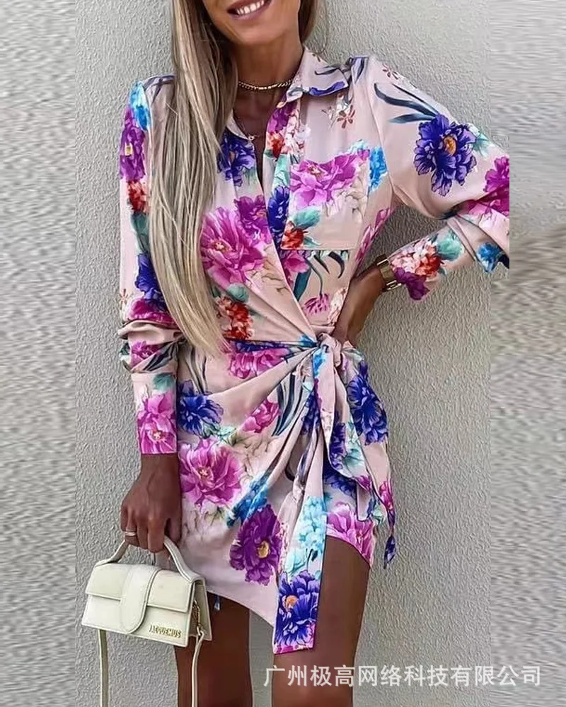 

Women V Neck Sexy Sheath Slim Summer Floral Print Tied Detail Long Sleeve Shirt Dress Flower Casual High Waist