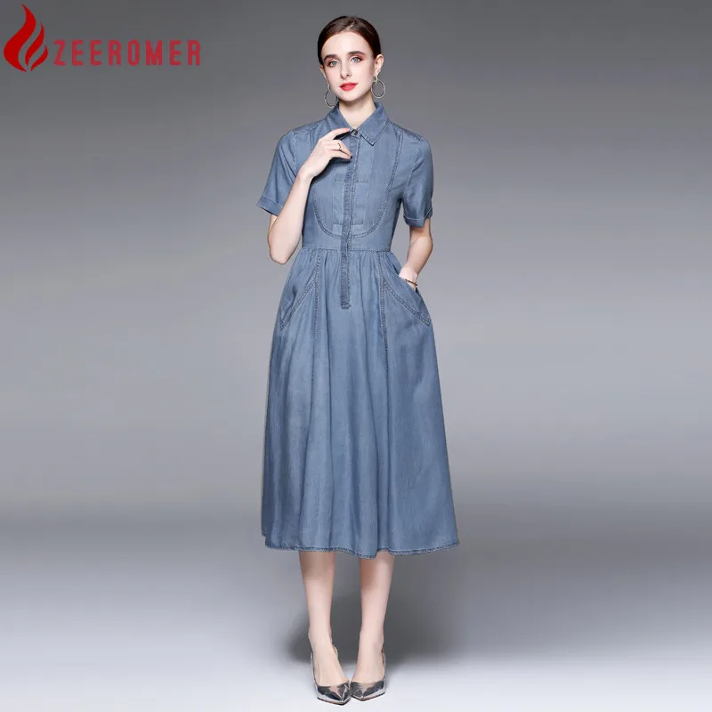 

2022 Summer Elegant Denim Long Dress High Quality Women Lapel Short Sleeve Pocket Party Dress Femme Casual Midi Dress Vestidos