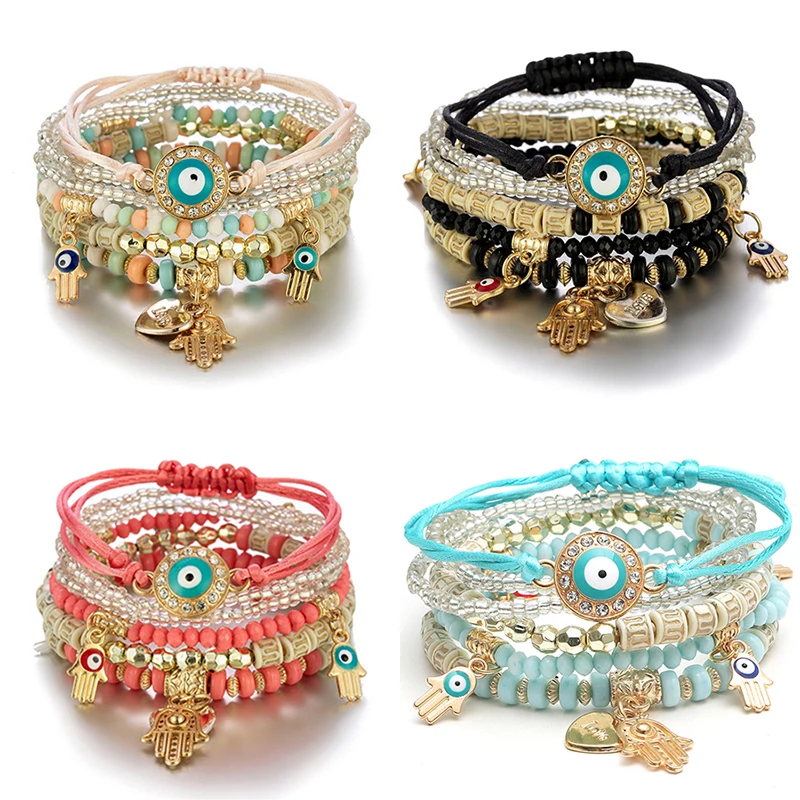 

6Pcs Bohemian Evil Eye Bracelet Set For Women Fatima Hand Heart Charm Beaded Rope Chain Bangle Female Jewelry Gift