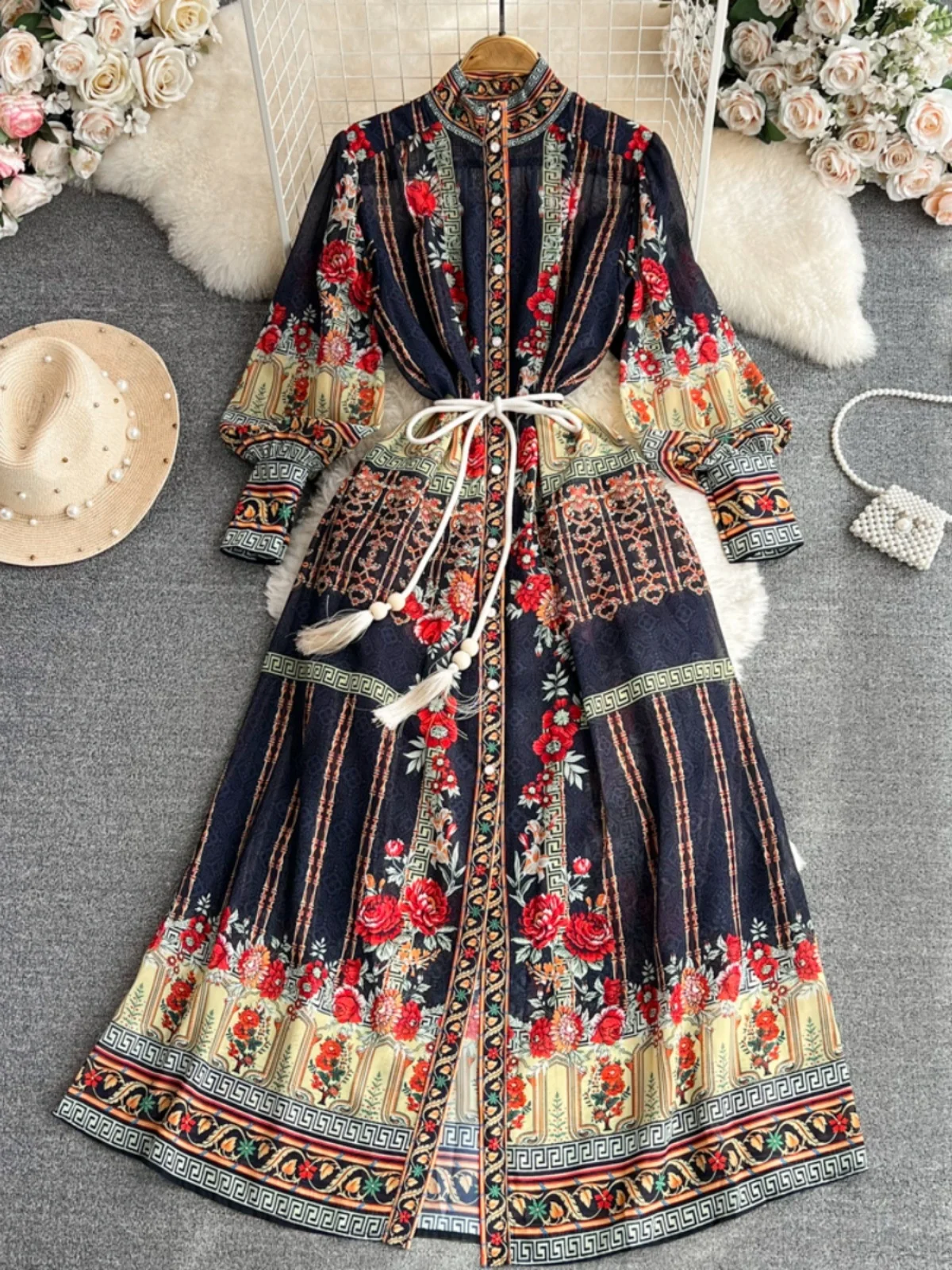 

Длинное платье с рукавами-фонариками, длинный стоячий воротник, ТРАПЕЦИЕВИДНОЕ ПЛАТЬЕ С Принтом позиционирования, модное элегантное платье из полиэстера с принтом