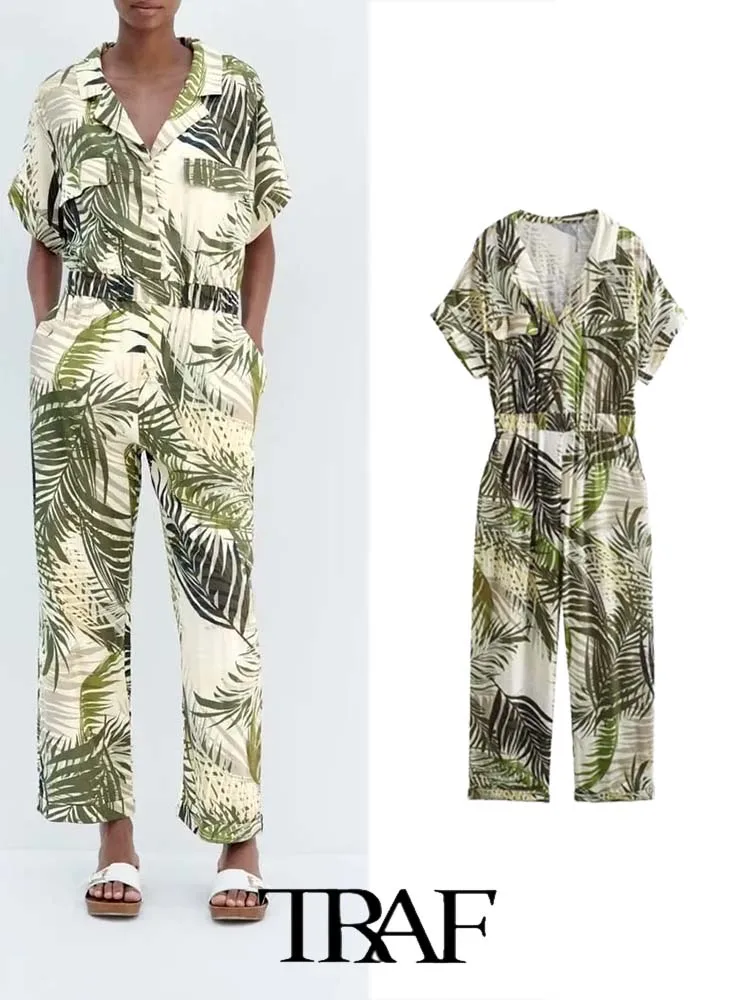 

TRAF 2023 Jumpsuit Women Fashion Tropical Style Printed Long Casual Short Sleeved Jumpsuit Woman Summer Casual Bodysuit