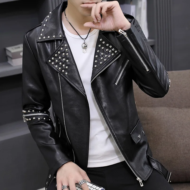 

M-3xl Mens Faux Pigskin Leather Jacket Spring Autumn Male Coat Turn-down Collar Zipper Rivet Moto Biker Outerwear Clothes Hy112