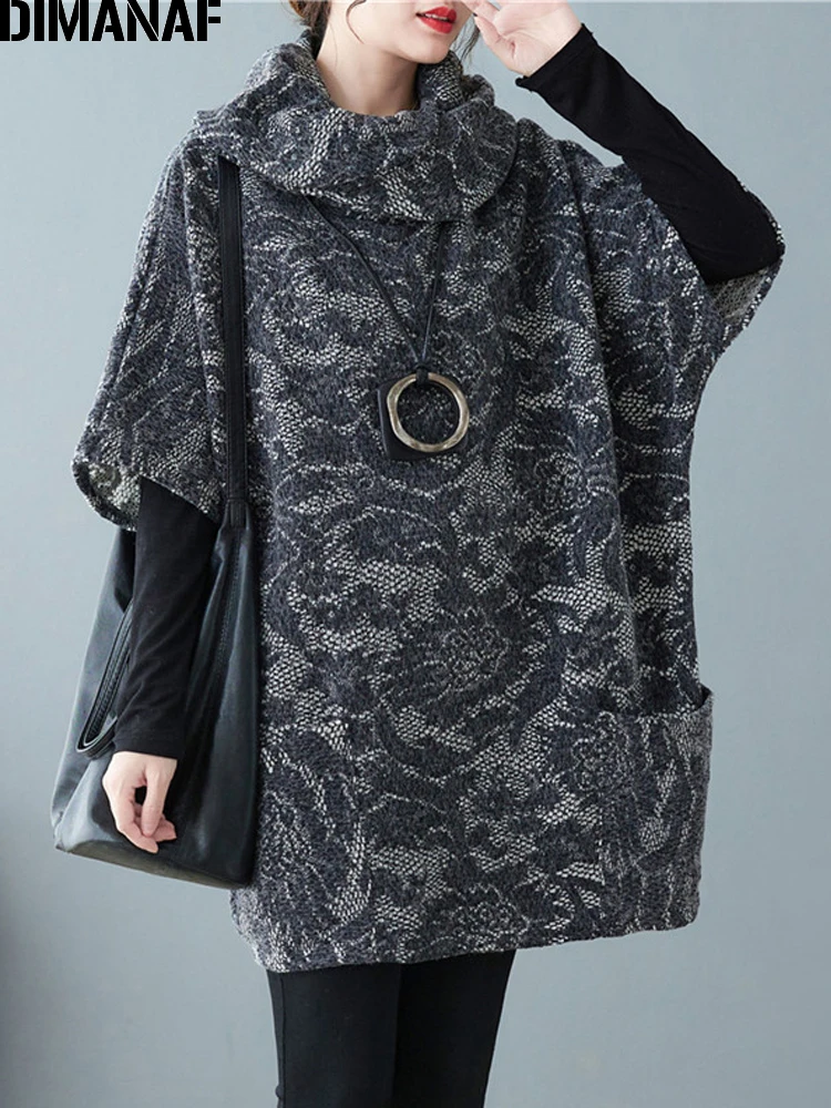 

DIMANAF Autumn Winter Women Hoodies Sweatshirt Vintaged Lady Tops Shirt Pullover Oversize Loose Casual Turtleneck Batwing Sleeve