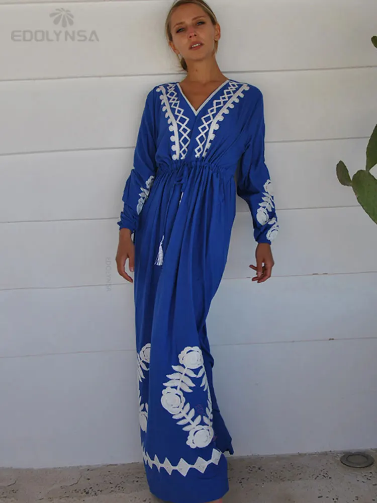 כחול אלגנטי רקום קפטן בתוספת גודל חגור מקסי שמלת טוניקת קיץ לנשים ללבוש חוף טוניקת ארוך שמלות Q1364