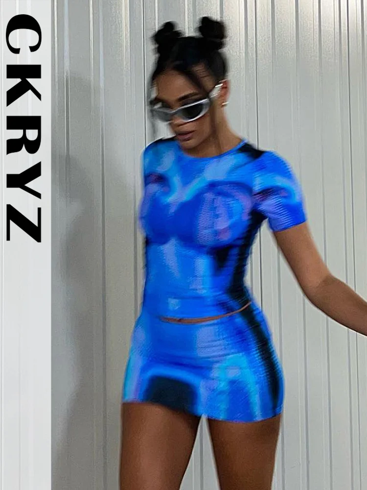 

Женская летняя коллекция 2023 года, новая модная одежда Y2K с принтом, 2 предмета, короткий топ с коротким рукавом и мини-юбка, женская модель, клубная одежда