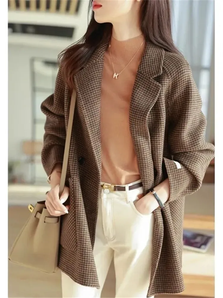 

Autumn Winter Women Woolen Coat New Fashion Korean Loose Casual Slim Plaid Wool Blends Overcoat Female Clothing Jaqueta Feminina