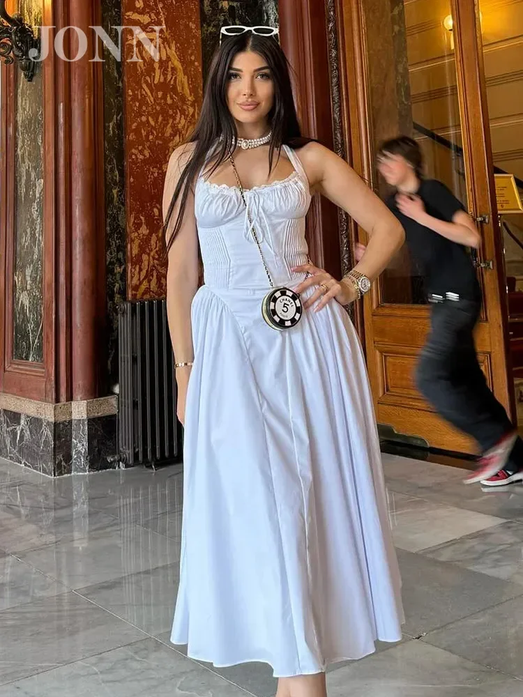 JONN 2024 летнее элегантное белое платье миди без рукавов со шнуровкой на талии для