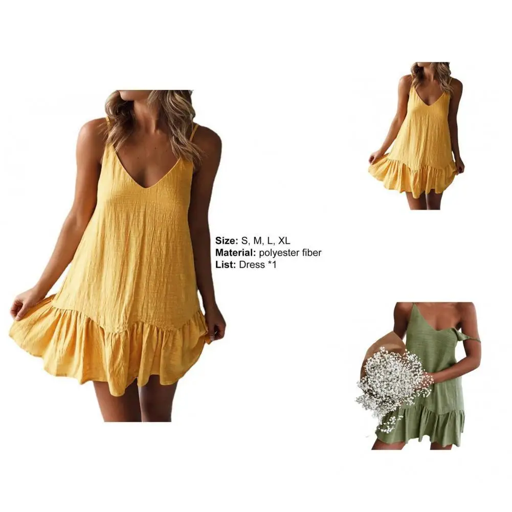 

Lady Dress Chic Willowy Summer Dress Pure Colors Flounce Edge Girl Dress