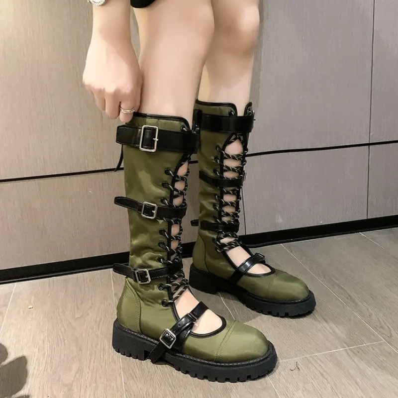 Roman-Style Cross-Lace Cutout Long-Barrel Sandals Muffin Heels With Peep Toe belt fastener To Raise Zipper Sexy Women's Sandals