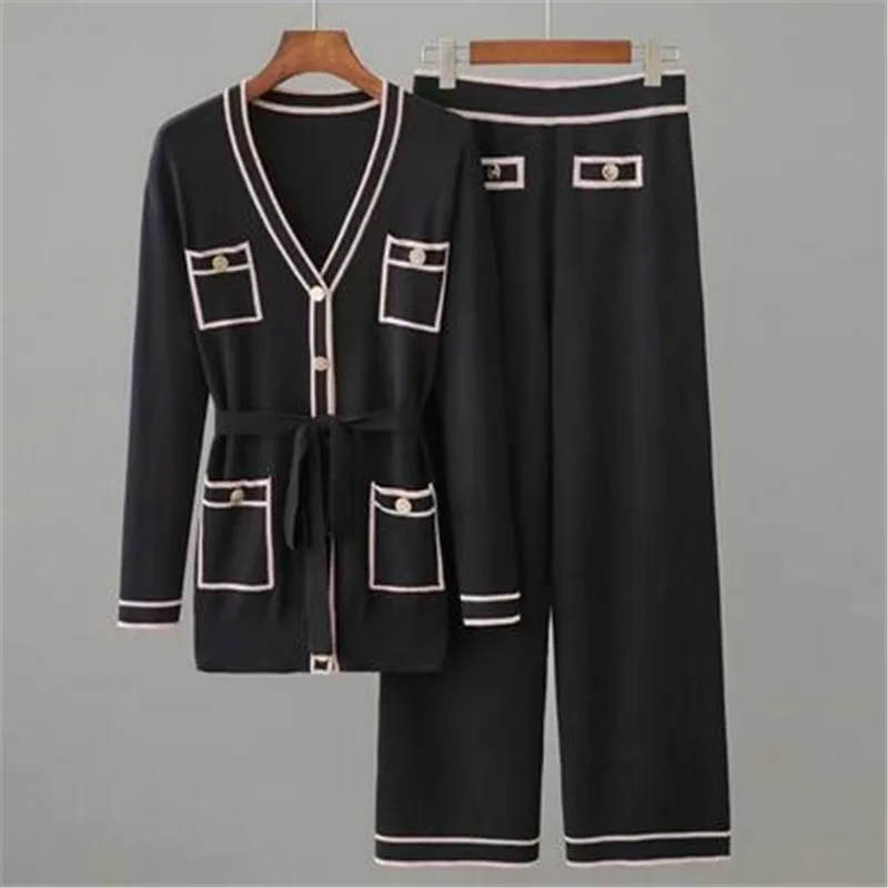 

Early Autumn Long-Sleeve Knit Suit Lace-Up Waist Mid-Length V-Neck Cardigan + Wide-Leg Pants Two-Piece Female