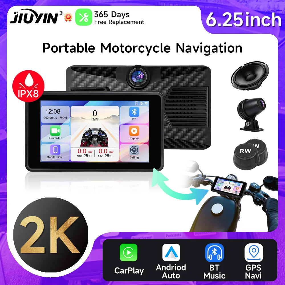 JIUYIN 6 25 &quotПортативная мотоциклетная навигация 2K IPX8 Беспроводной CarPlay Android Auto Airplay