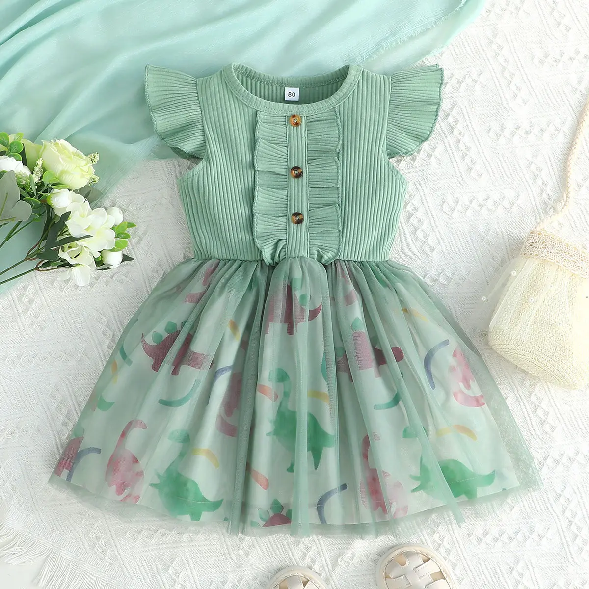 

Summer 2023 New Arrivals Girls Sleeveless O Neck Ruffles Print Dinosaur Roupa Infantil Menina Cute Party Dress Custume 18M-7T