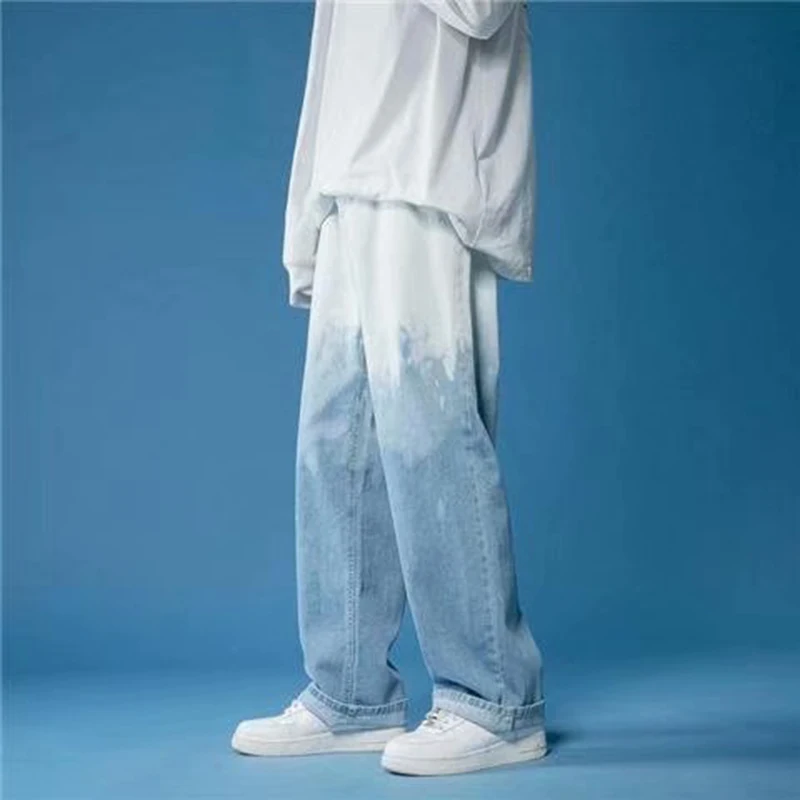 New Streetwear Hip Hop Gradient Blue Jeans Cargo Pants Men's Jeans Casual Straight Pant Joggers Pants Autumn Spring Men Clothing