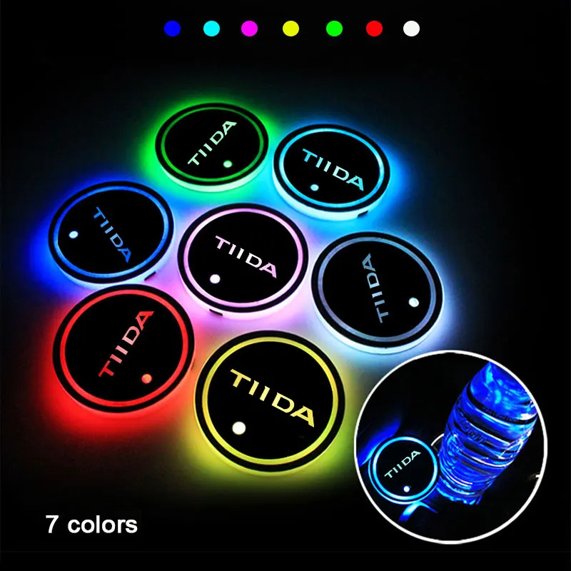 

2Pcs For Nissan Tiida 2011-2020 USB Car Logo Led Atmosphere Light Cup Luminous 7 Colorful Water Coaster Holder Auto Accessories