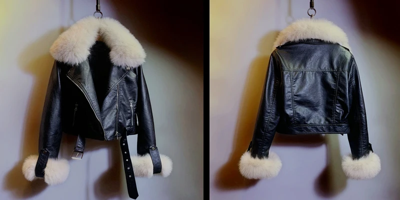 Fashion Leather Jacket Woman 2022 Autumn and Winter Motorcycle Women's Handsome Real Fox Fur Slim Pu Leather Short Coat Women