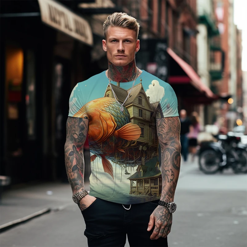 

Summer New T -shirt Special Fish and House 3D Printed T -shirt Round Neck Short -sleeved T -shirt Men's Sports Fitness T -shirt